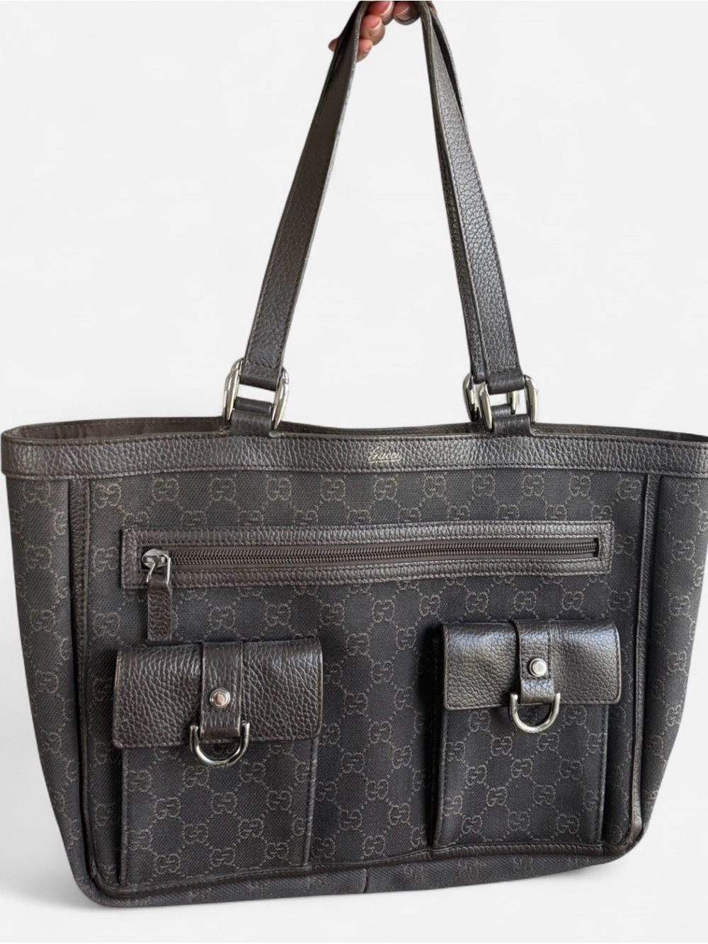 Gucci Chocolate Brown Denim GG Canvas Abbey Monogram Tote Pockets With Dustbag
